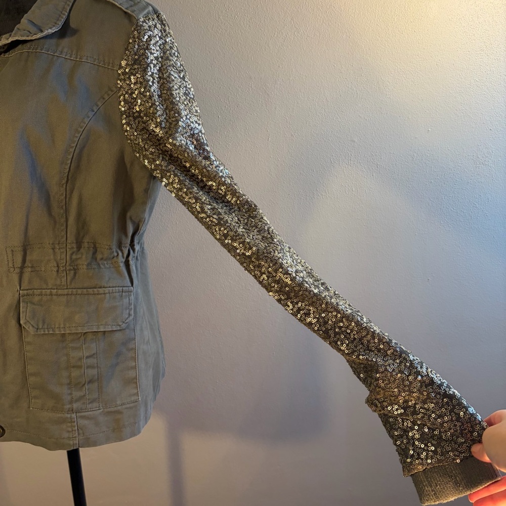 Quinn Olive Green Utility Jacket Sequin Sleeves Snap Pockets Military Anorak L - Picture 11 of 16